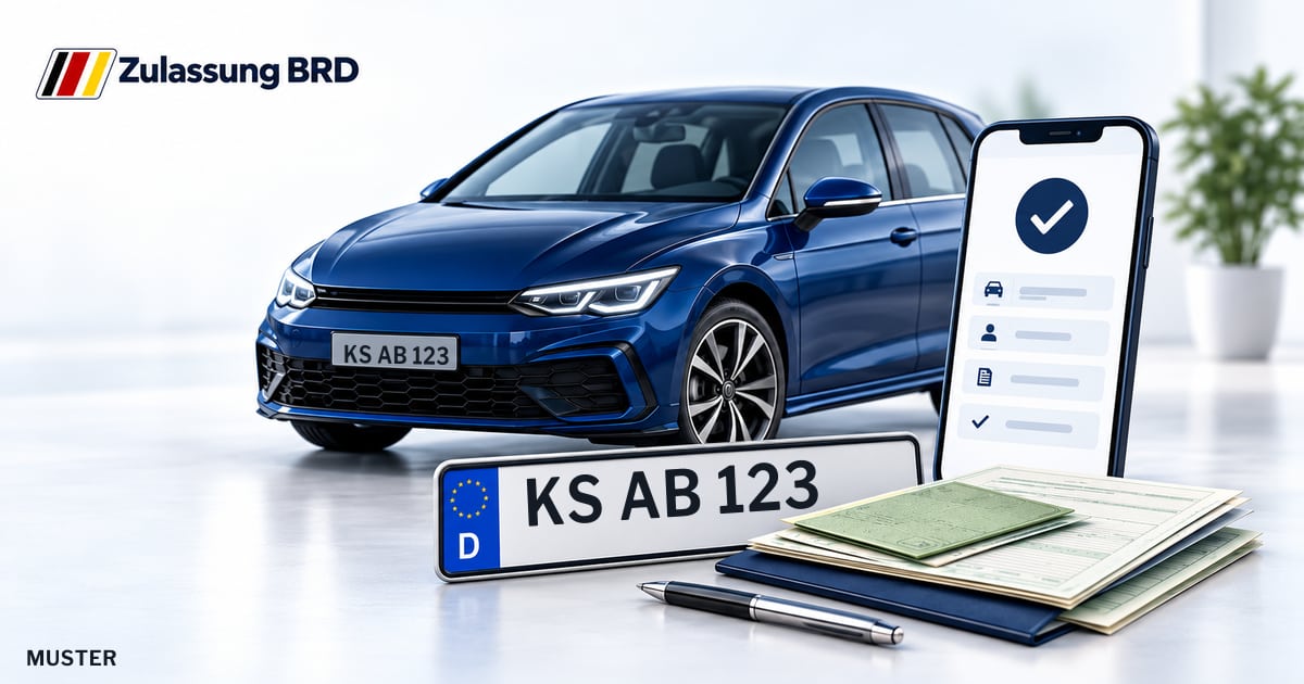 Online Fahrzeugzulassung in Zierenberg: Musterkennzeichen KS AB 123, Auto und Fahrzeugpapiere und Smartphone. Illustration mit Logo von Zulassung BRD.